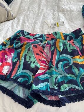 Trina Turk Navy Multicolor Tropical High-Waist Fringe Shorts